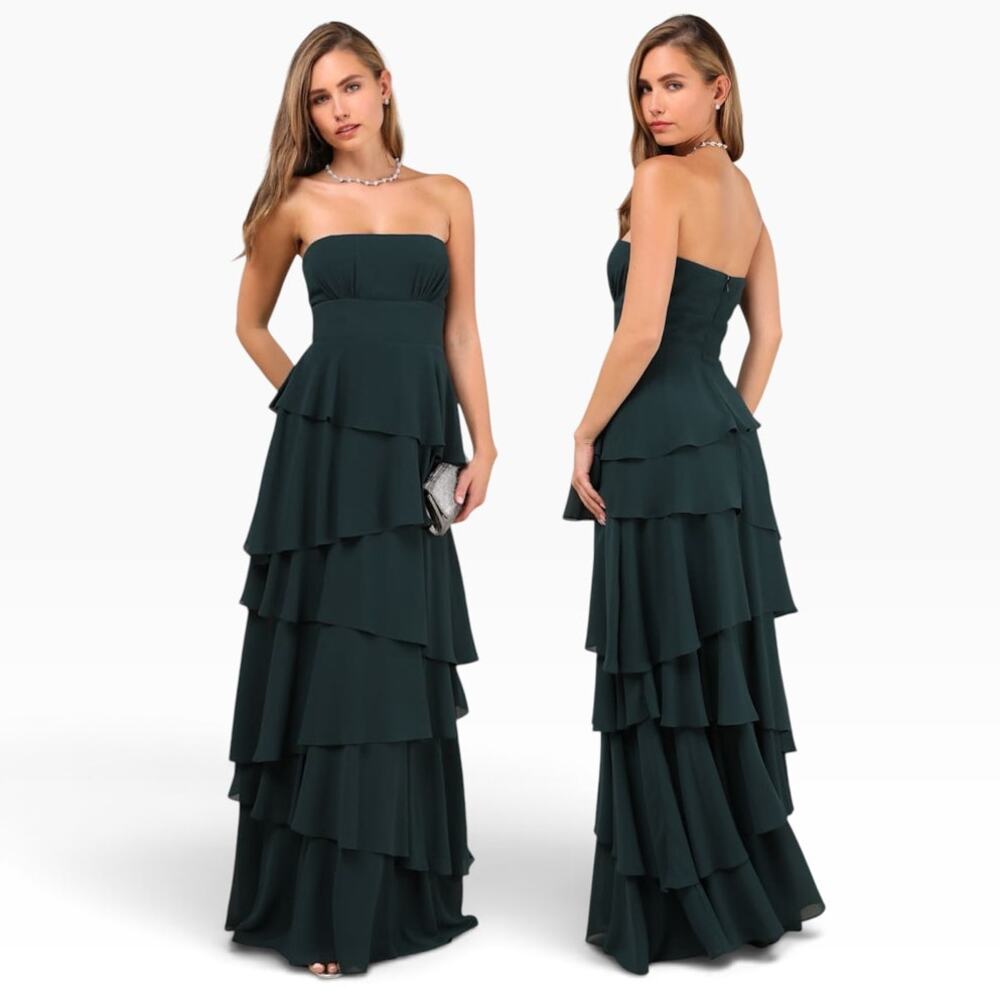 Lulus Gorgeous Essence Emerald Strapless Tiered Maxi Dress size M NWT